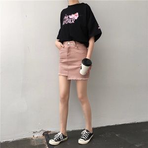 Asymmetrical hem denim mini skirt- YesStyle